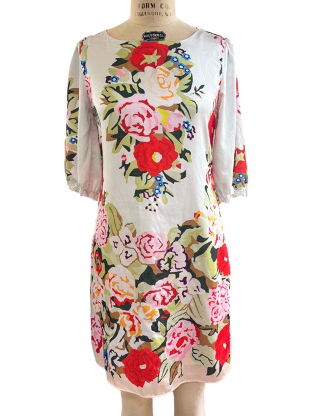 Dolce & Gabbana Flower Bouquet Print Satin Sheath Mini Dress in White Size S